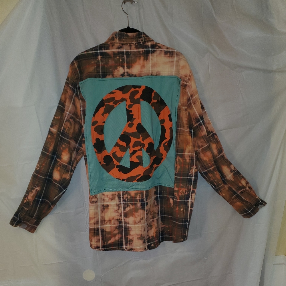 Upcycled Bleached Flannel with Giant Camouflage Peace Sign on back size Large